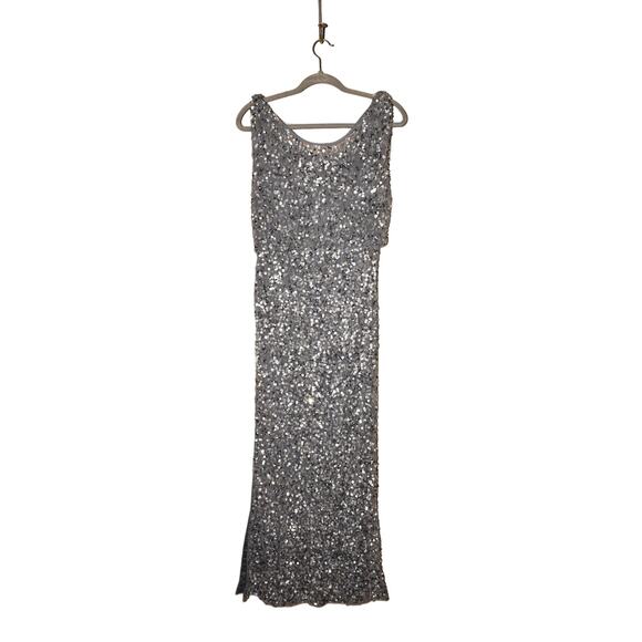 JS COLLECTIONS $298 Boatneck Mesh‎ Sequin Sleeveless Evening Gown Silver Size 4 - Picture 2 of 5